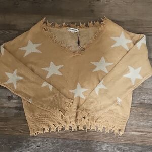 VIGOSS Women’s Mustard Star Distressed V-Neck Sweater